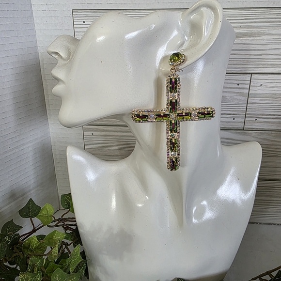 Statement Gold AB Cross Glam Earrings - Picture 10 of 11